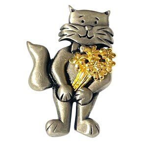 Alexandra Gentleman Cat Brooch Pin Pewter Gold-Tone Flowers Whimsical Design